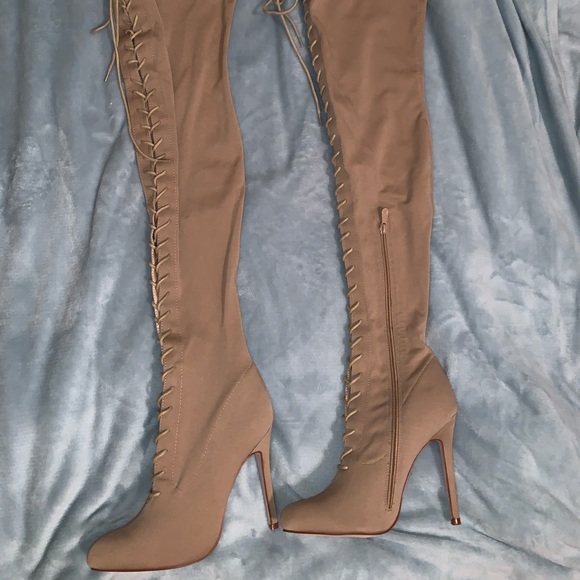 NEW Missguided Nude Thigh high lace up boots - Picture 2 of 4